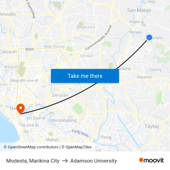 Modesta, Marikina City to Adamson University map