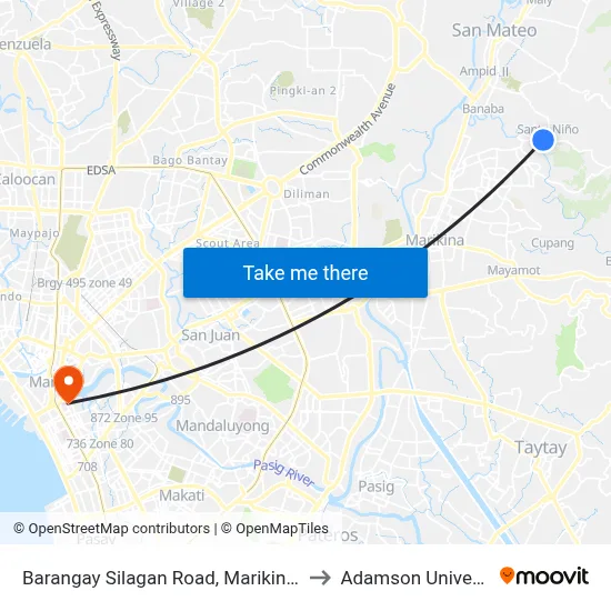 Barangay Silagan Road, Marikina City to Adamson University map