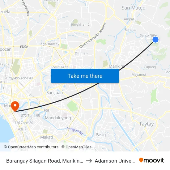 Barangay Silagan Road, Marikina City to Adamson University map