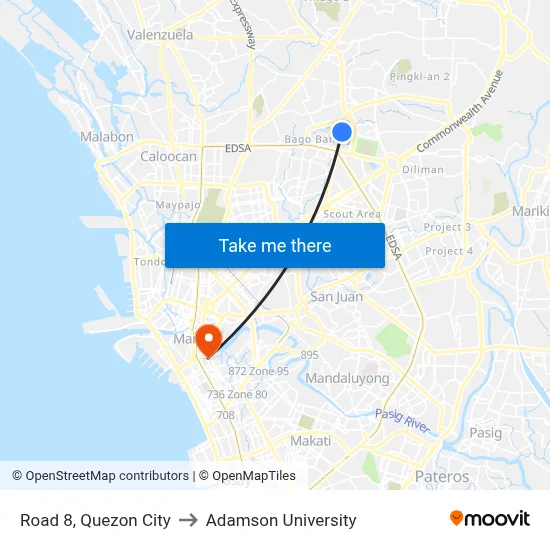 Road 8, Quezon City to Adamson University map