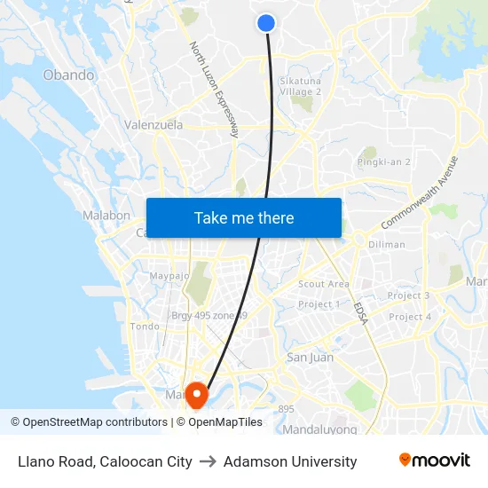 Llano Road, Caloocan City to Adamson University map