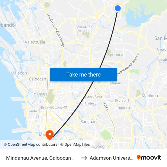 Mindanau Avenue, Caloocan City to Adamson University map