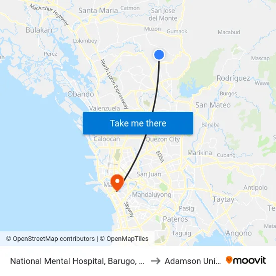 National Mental Hospital, Barugo, Caloocan City to Adamson University map