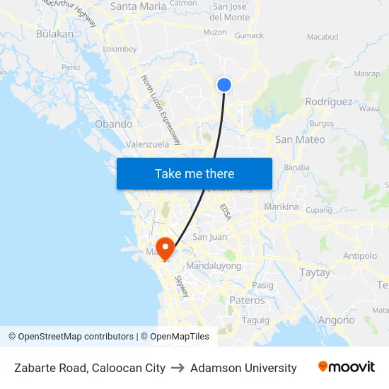 Zabarte Road, Caloocan City to Adamson University map