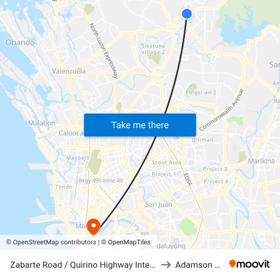 Zabarte Road / Quirino Highway Intersection, Caloocan City to Adamson University map