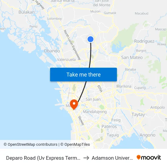 Deparo Road (Uv Express Terminal) to Adamson University map
