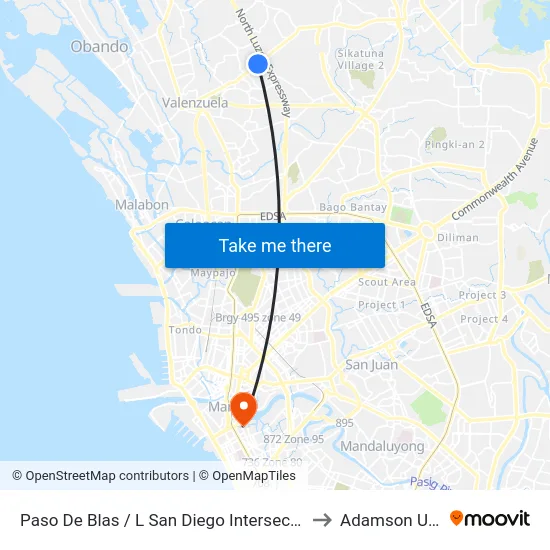 Paso De Blas / L San Diego Intersection, Valenzuela City to Adamson University map