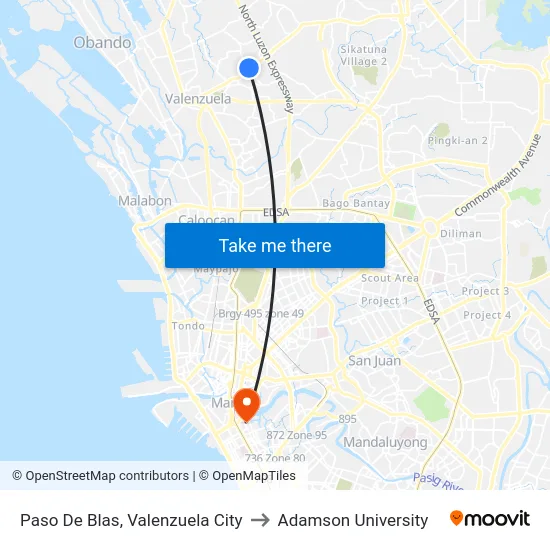 Paso De Blas, Valenzuela City to Adamson University map