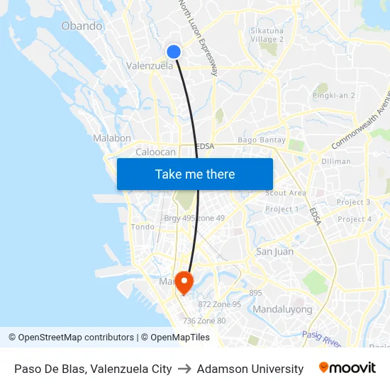 Paso De Blas, Valenzuela City to Adamson University map