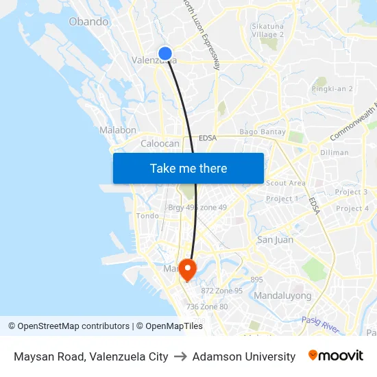 Maysan Road, Valenzuela City to Adamson University map