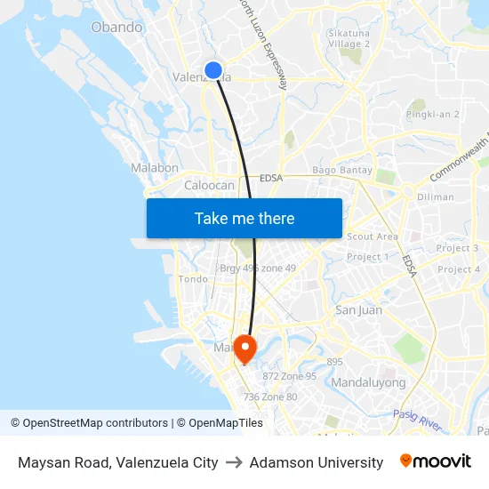 Maysan Road, Valenzuela City to Adamson University map