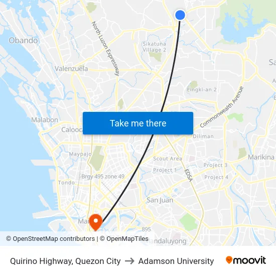 Quirino Highway, Quezon City to Adamson University map