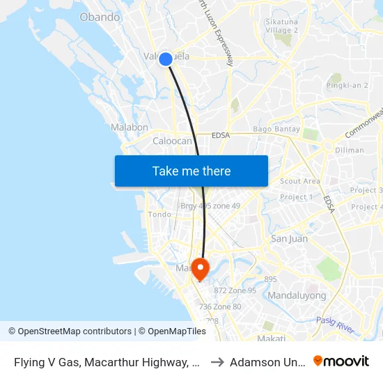 Flying V Gas, Macarthur Highway, Valenzuela City to Adamson University map