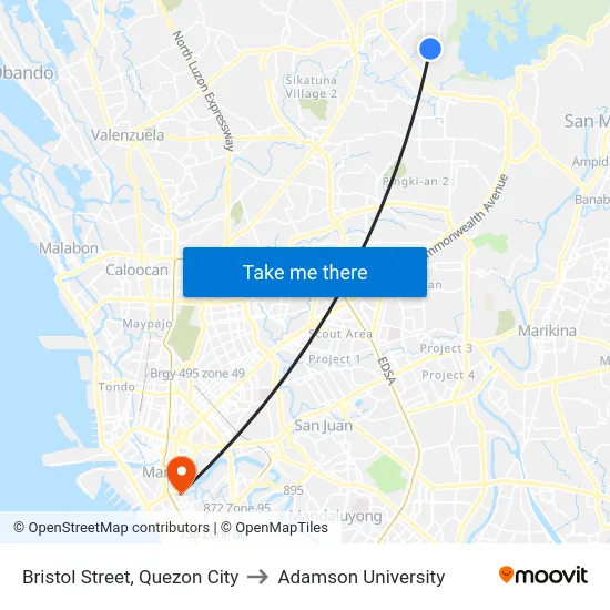 Bristol Street, Quezon City to Adamson University map