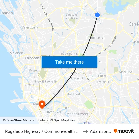 Regalado Highway / Commonwealth Avenue Intersection, Quezon City to Adamson University map
