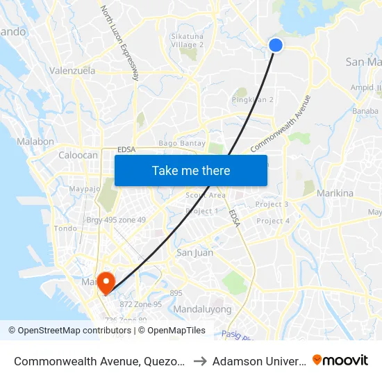Commonwealth Avenue, Quezon City to Adamson University map