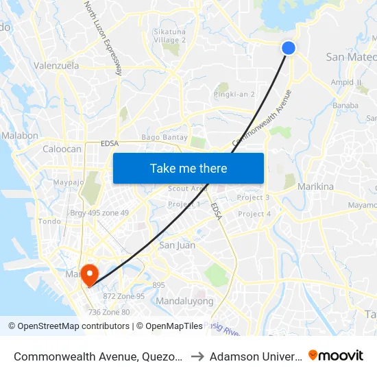 Commonwealth Avenue, Quezon City to Adamson University map