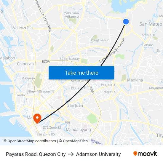 Payatas Road, Quezon City to Adamson University map
