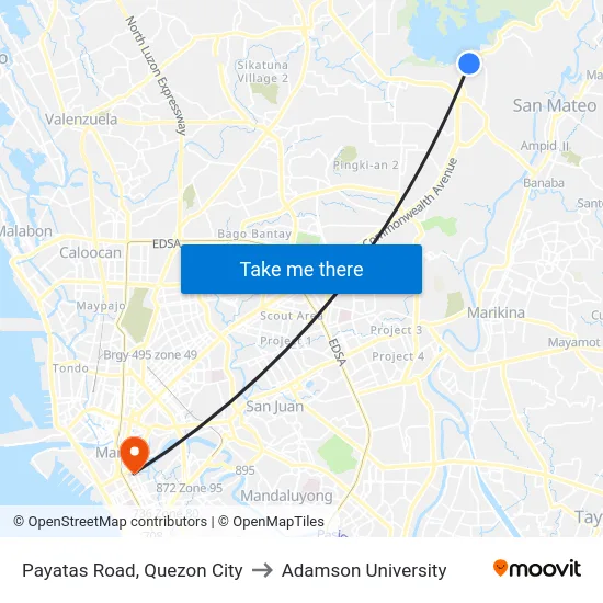 Payatas Road, Quezon City to Adamson University map