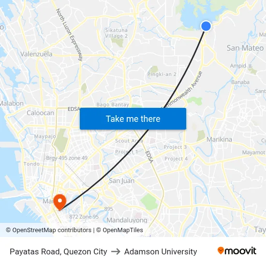 Payatas Road, Quezon City to Adamson University map