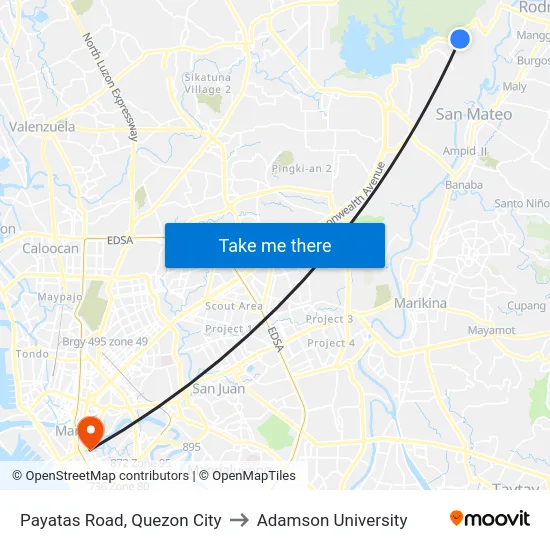Payatas Road, Quezon City to Adamson University map