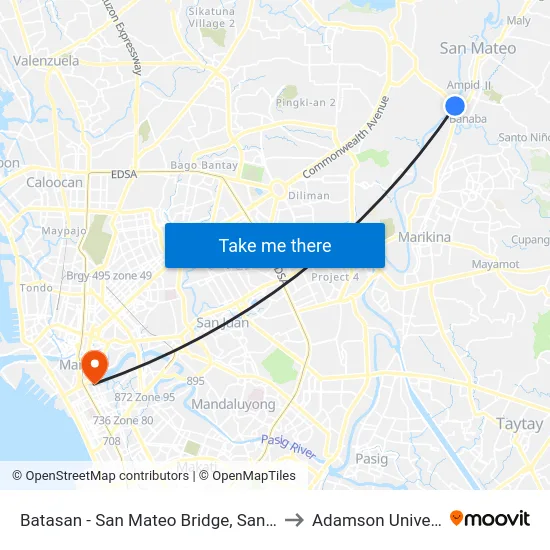 Batasan - San Mateo Bridge, San Mateo to Adamson University map