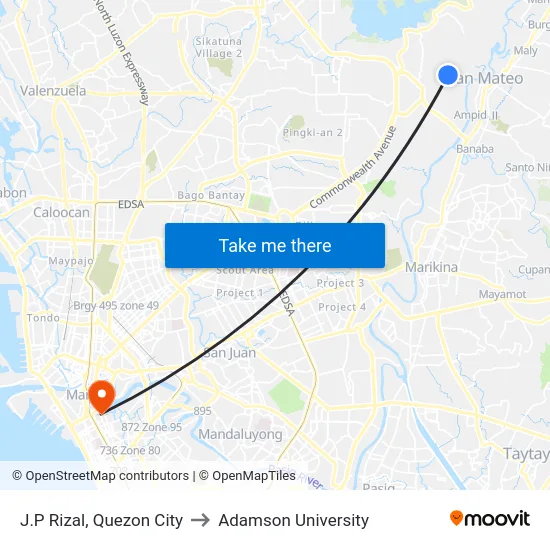 J.P Rizal, Quezon City to Adamson University map