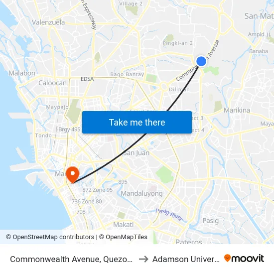 Commonwealth Avenue, Quezon City to Adamson University map