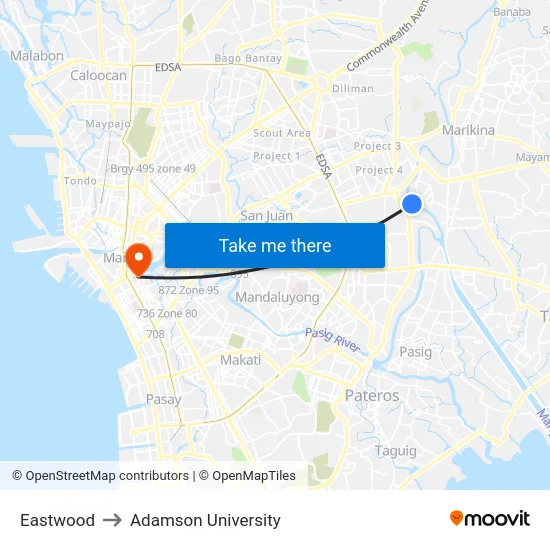 Eastwood to Adamson University map