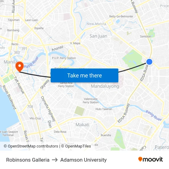 Robinsons Galleria to Adamson University map