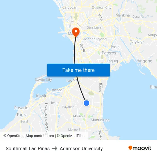 Southmall Las Pinas to Adamson University map