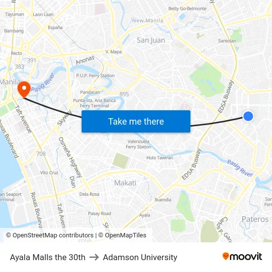 Ayala Malls the 30th to Adamson University map