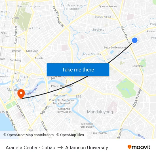 Araneta Center - Cubao to Adamson University map