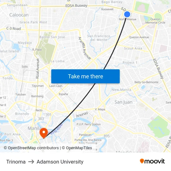 Trinoma to Adamson University map