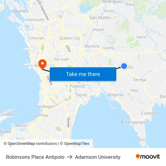 Robinsons Place Antipolo to Adamson University map