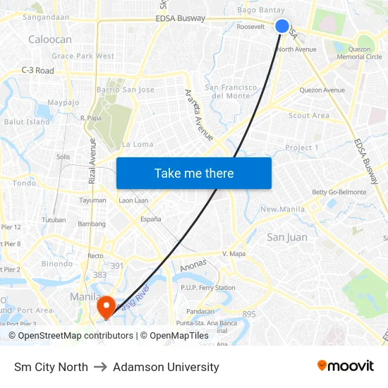 Sm City North to Adamson University map