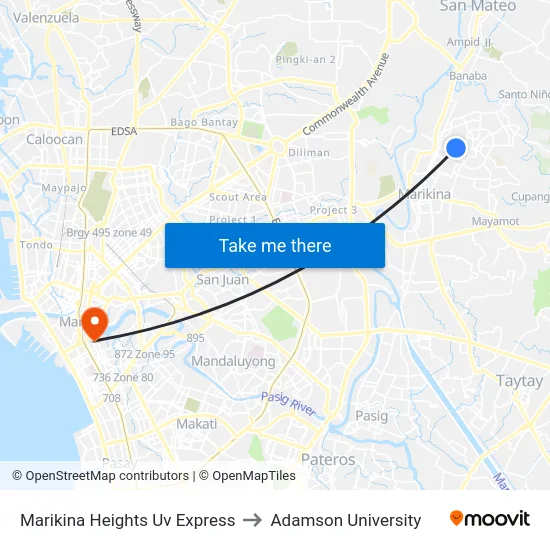 Marikina Heights Uv Express to Adamson University map
