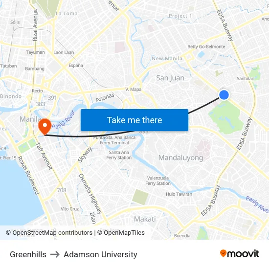 Greenhills to Adamson University map