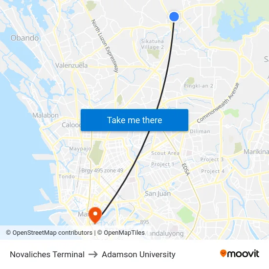 Novaliches Terminal to Adamson University map