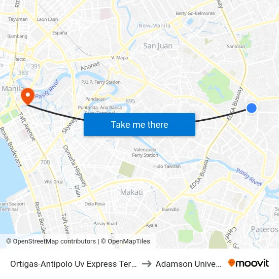 Ortigas-Antipolo Uv Express Terminal to Adamson University map