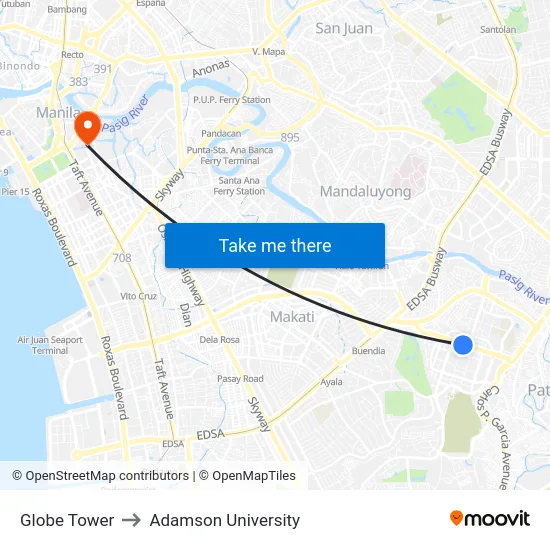 Globe Tower to Adamson University map