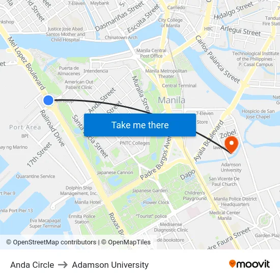 Anda Circle to Adamson University map