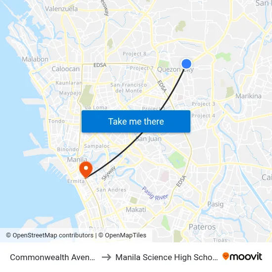 Commonwealth Avenue to Manila Science High School map