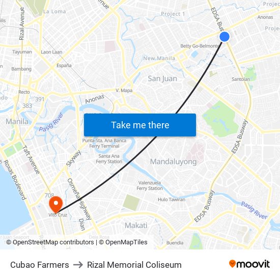 Cubao Farmers to Rizal Memorial Coliseum map