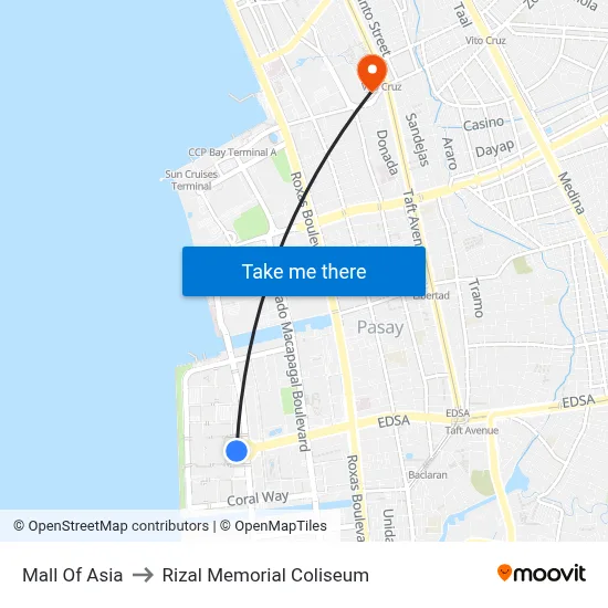 Mall Of Asia to Rizal Memorial Coliseum map
