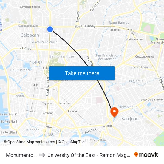 Monumento Lrt to University Of the East - Ramon Magsaysay map