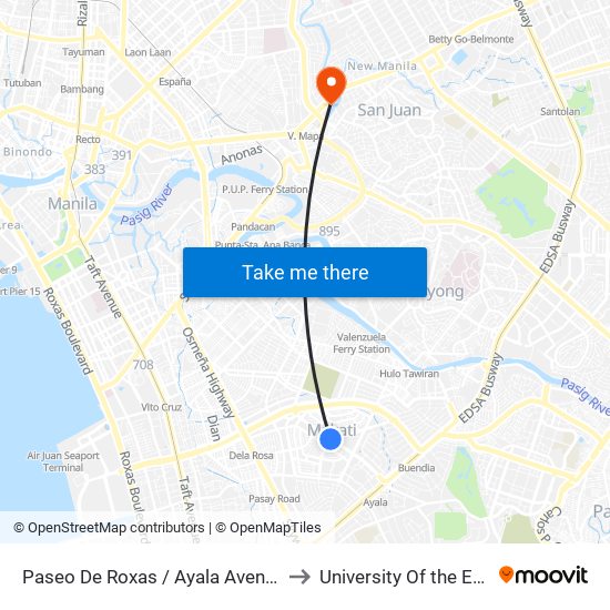 Paseo De Roxas / Ayala Avenue Intersection, Makati City, Manila to University Of the East - Ramon Magsaysay map