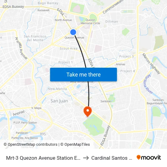 Mrt-3 Quezon Avenue Station Edsa,Quezon City, Manila to Cardinal Santos Medical Center map