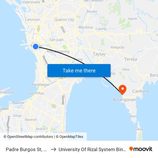 Padre Burgos St, Manila to University Of Rizal System Binangonan map