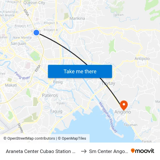 Araneta Center Cubao Station MRT to Sm Center Angono map